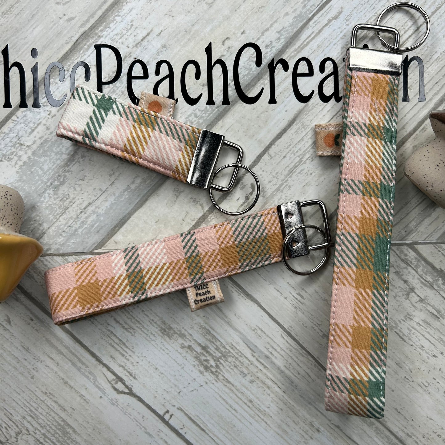 Pink and Green Plaid Key Fob Keychain