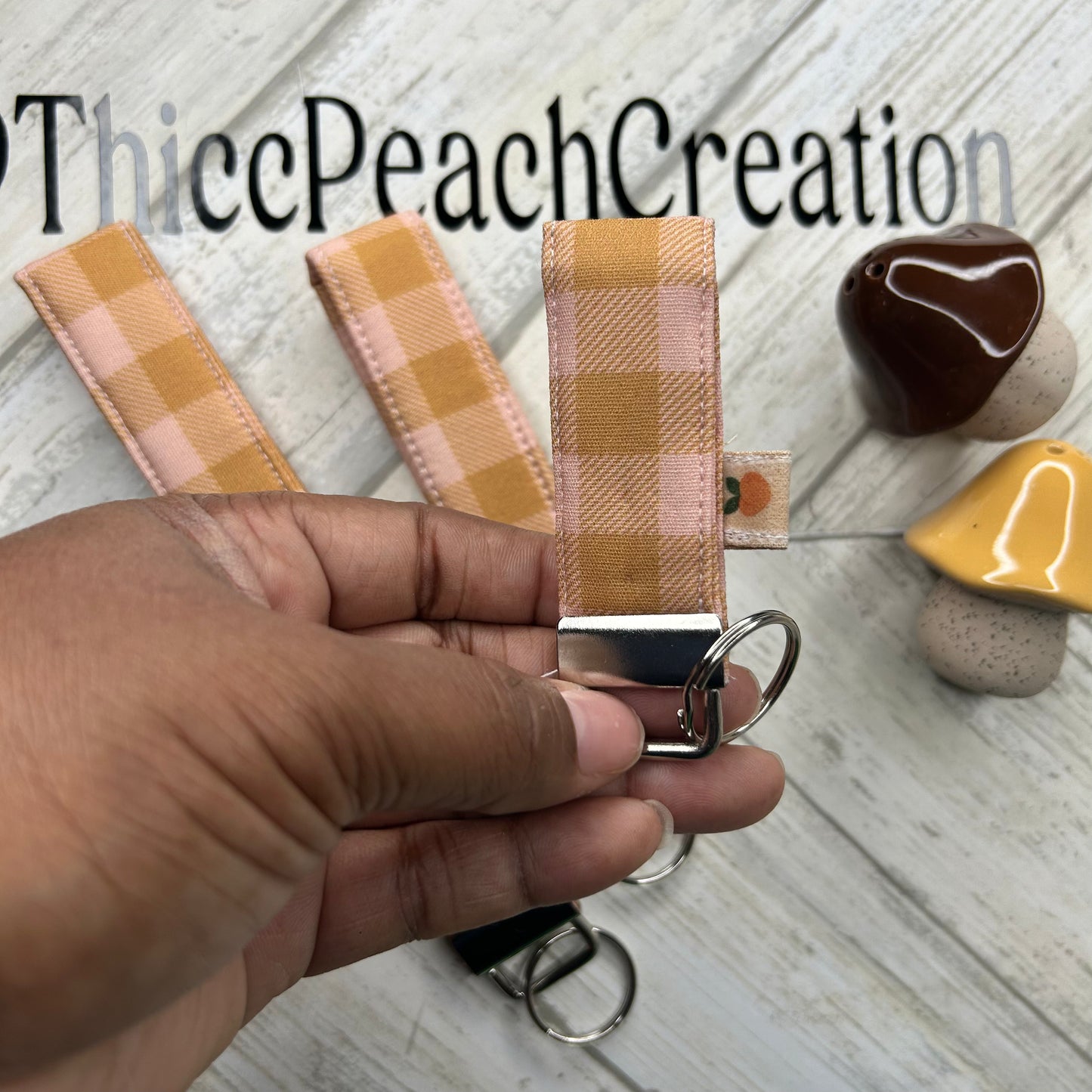 Brown and Pink Plaid Key Fob Keychain