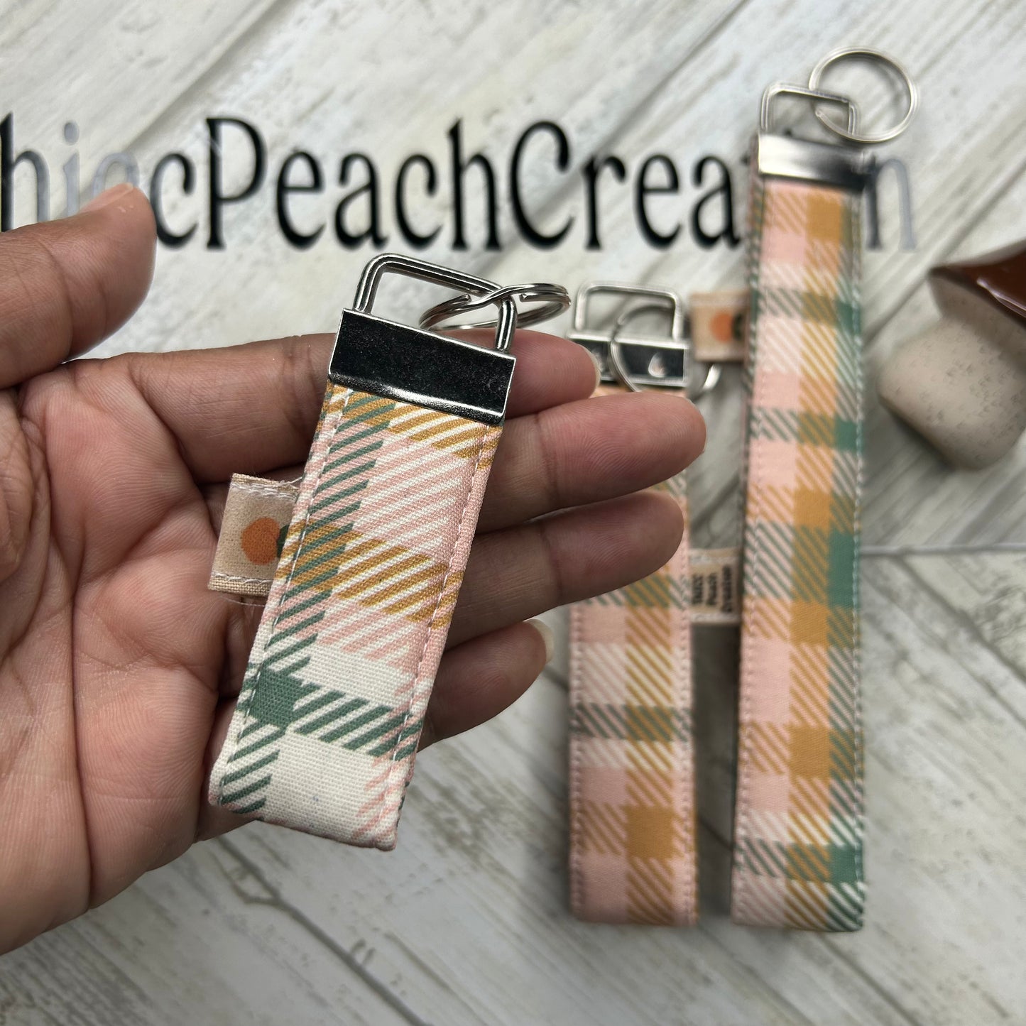 Pink and Green Plaid Key Fob Keychain