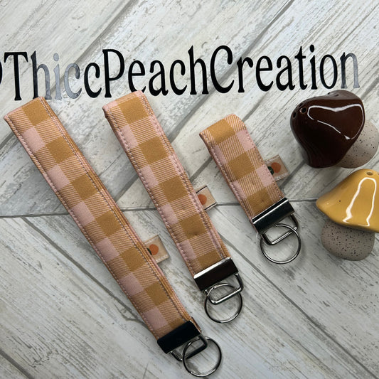 Brown and Pink Plaid Key Fob Keychain